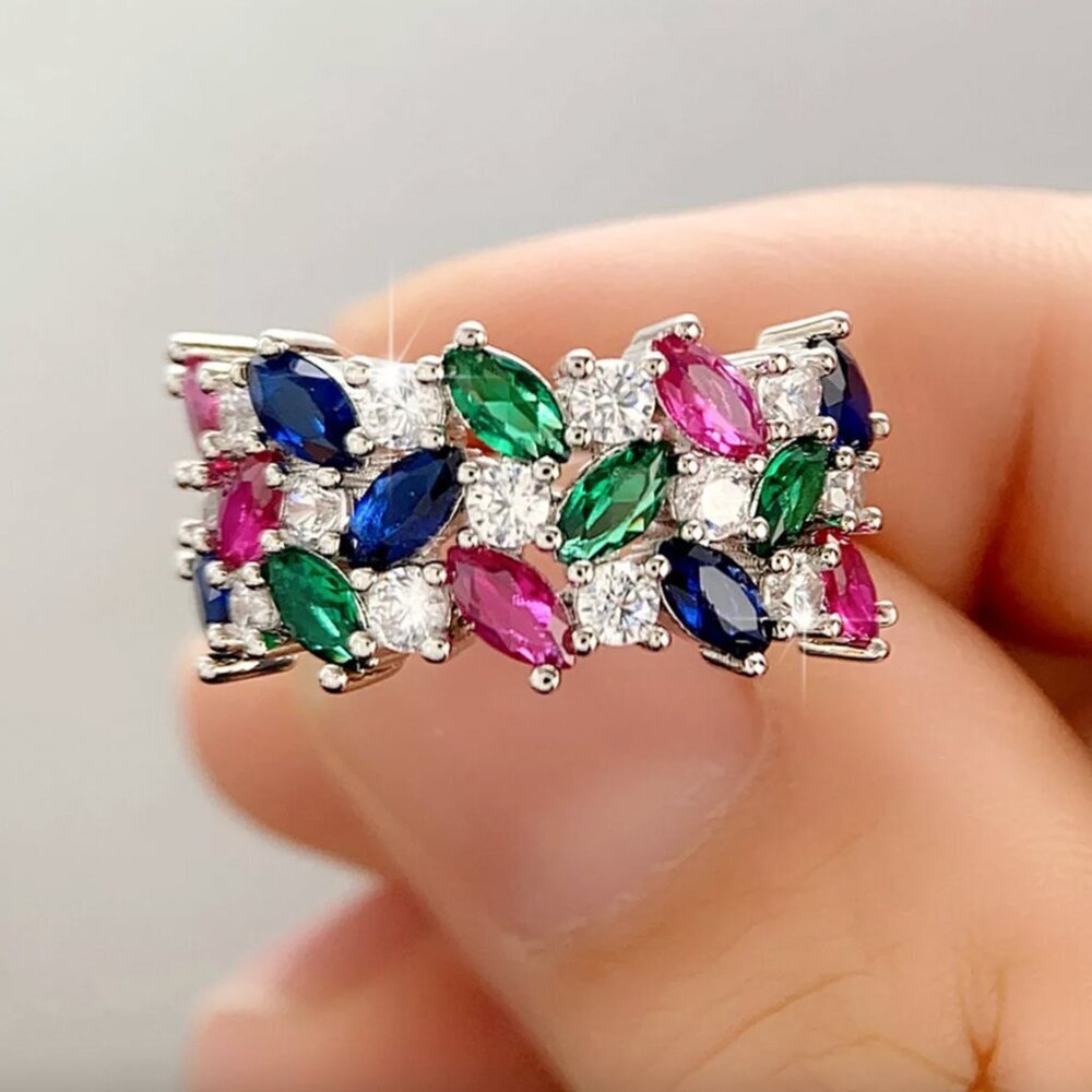 NEW 14k White Gold Colorful Diamond Ring Band Ruby Emerald Sapphire Gemstones